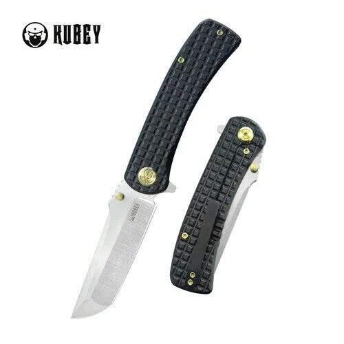 Kubey Interflow Folding Knife Black Ti Handle M390 Plain Edge Belt Satin KB294C