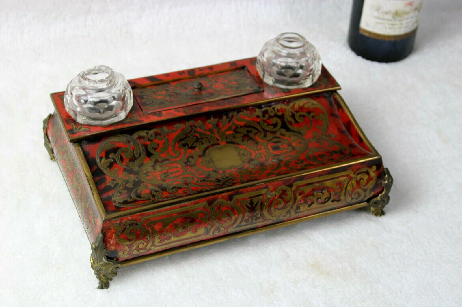Antique French boulle inkwell marquetry inlaid 