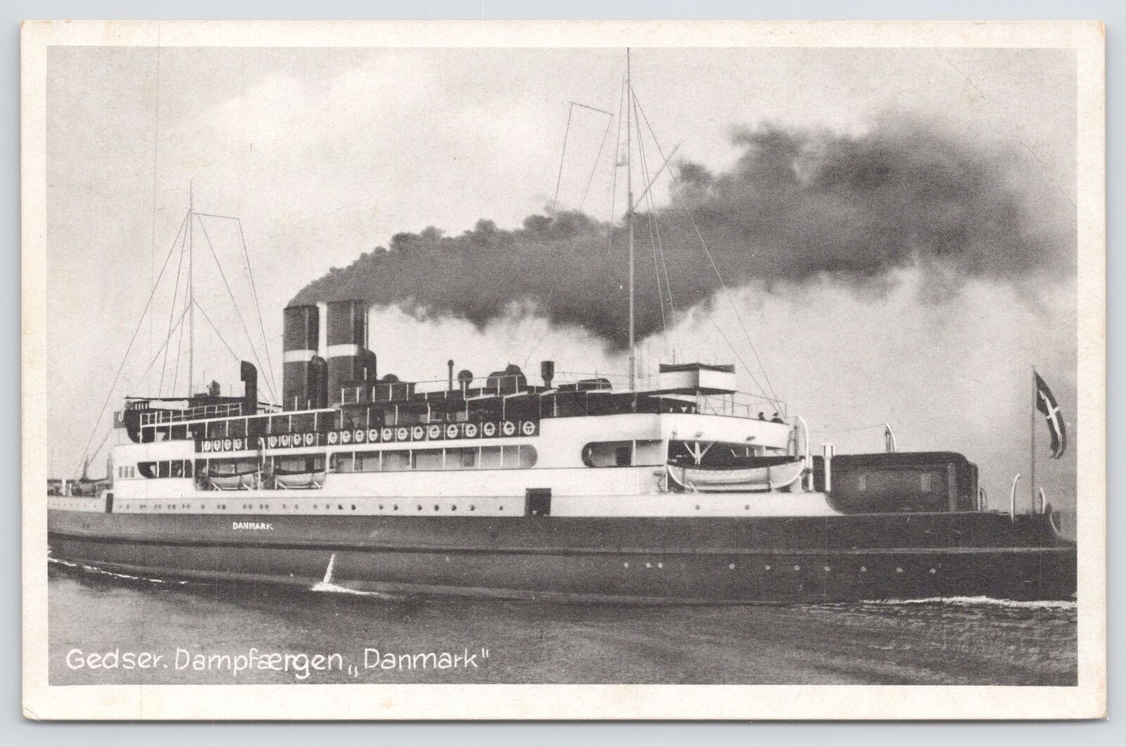 Transportation~Gedser~Dampfaergen~Danmark~B&W~Massive Steam Boat~Stacks~Vintage