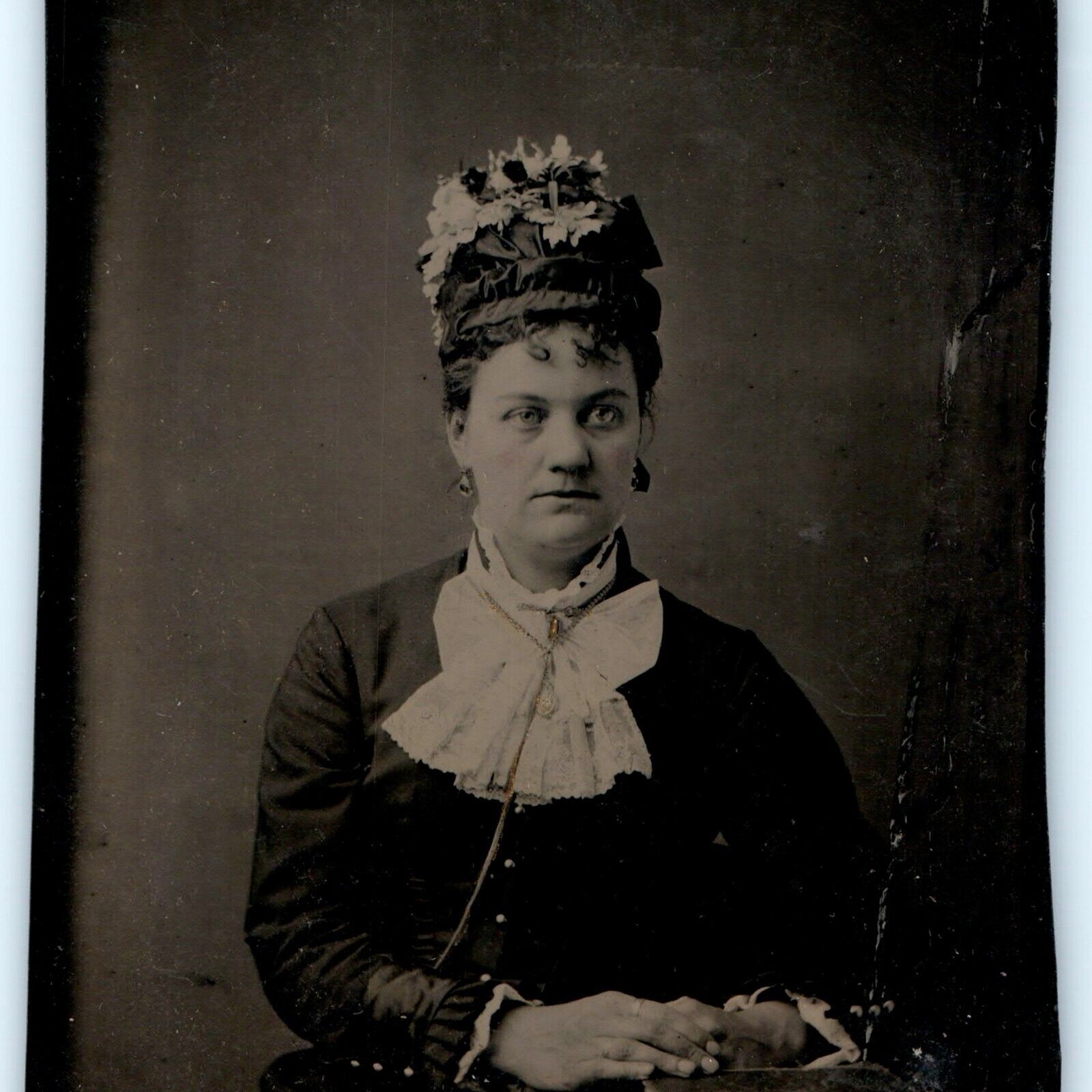 ID\'d c1860s Beautiful Young Lady Flower Hat Tintype Real Photo Lib Cracker H40
