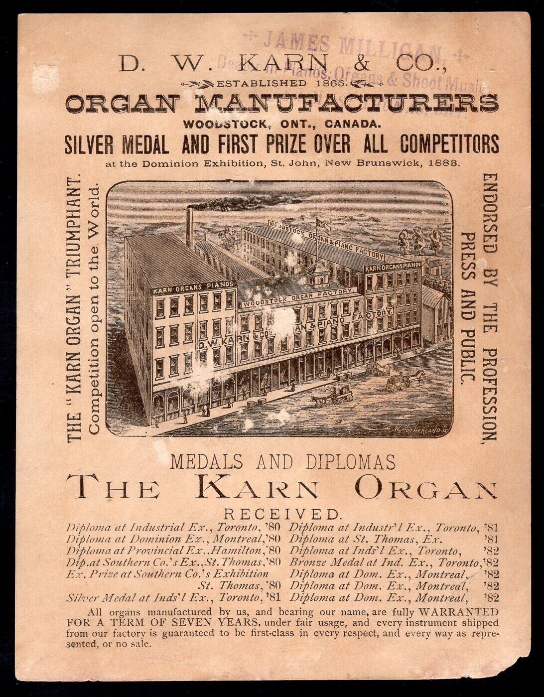 CANADA Woodstock 1880s Karn Organ Mnfg ADVERTISING Leaflet