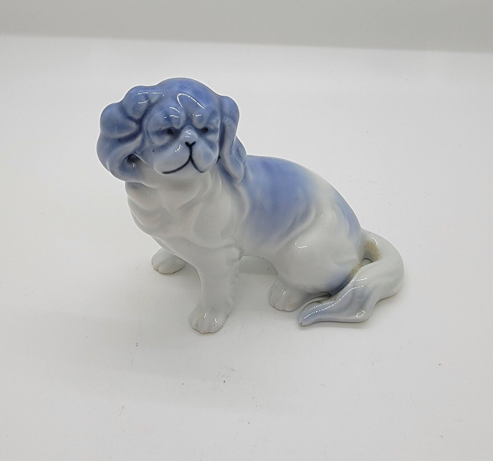 Vintage Porcelain Pekingese Dog Blue & White Figurine Retro