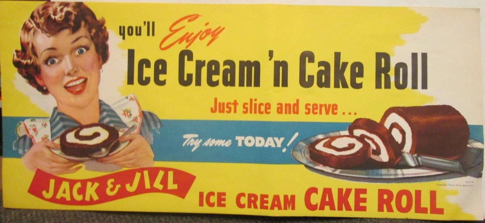 Vintage 1950s Jack & Jill Ice Cream Cake Roll sign -- old store stock