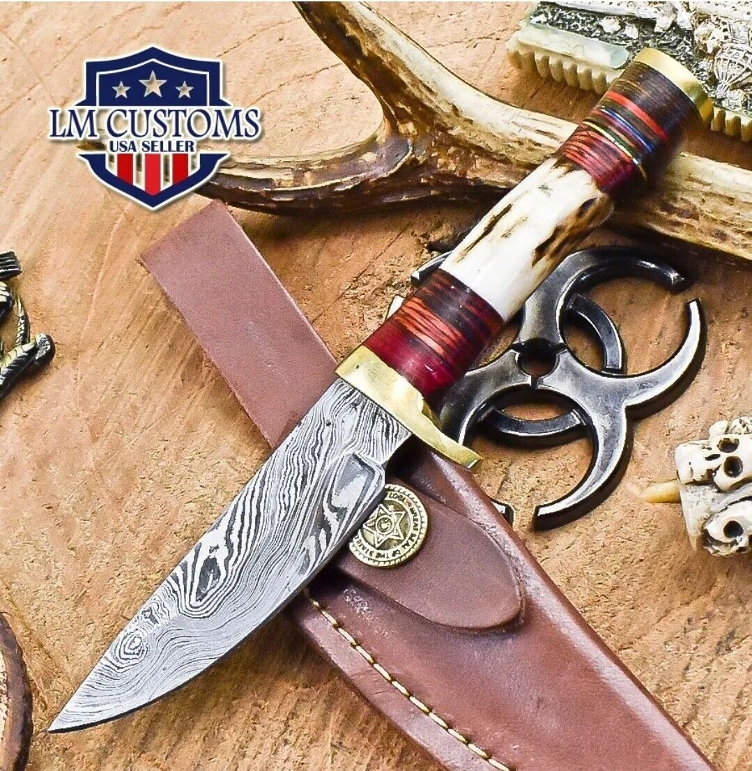 Hot Item Hunting Skinner Knife Twist Damascus Stag Antler Sports #1569
