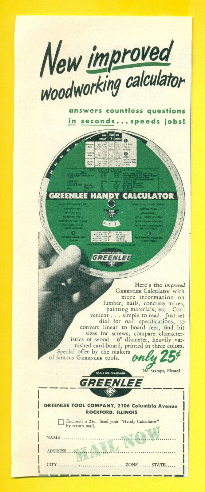 1951 GREENLEE HANDY CALCULATOR Woodworking, Rockford, IL Vintage Print Ad SV2.