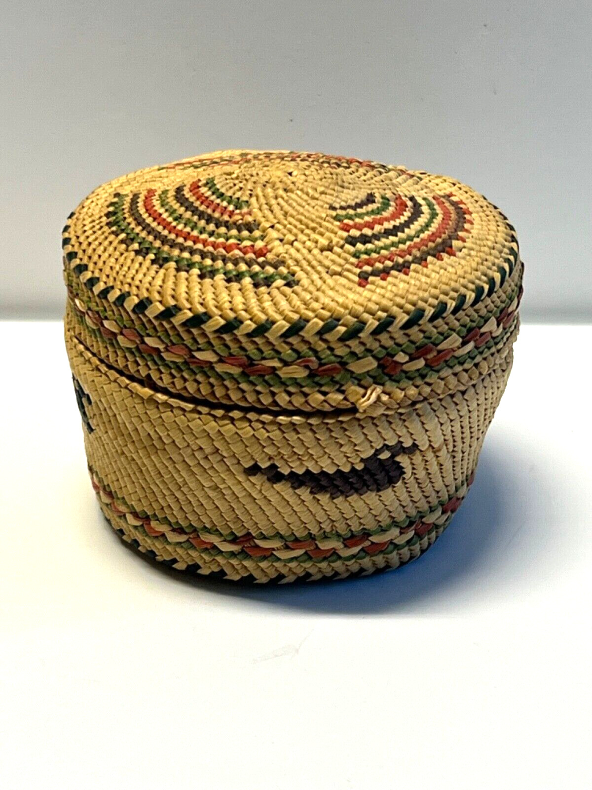 Nootka Alaskan Hand Woven Basket; Early 1900s; Small  with Lid; Colorful; Lot 19