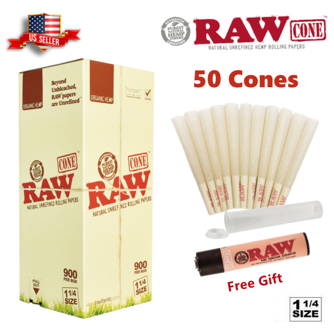 Authentic RAW Organic 1 1/4 Size Pre-Rolled Cones 50 Pack & Raw Lighter US