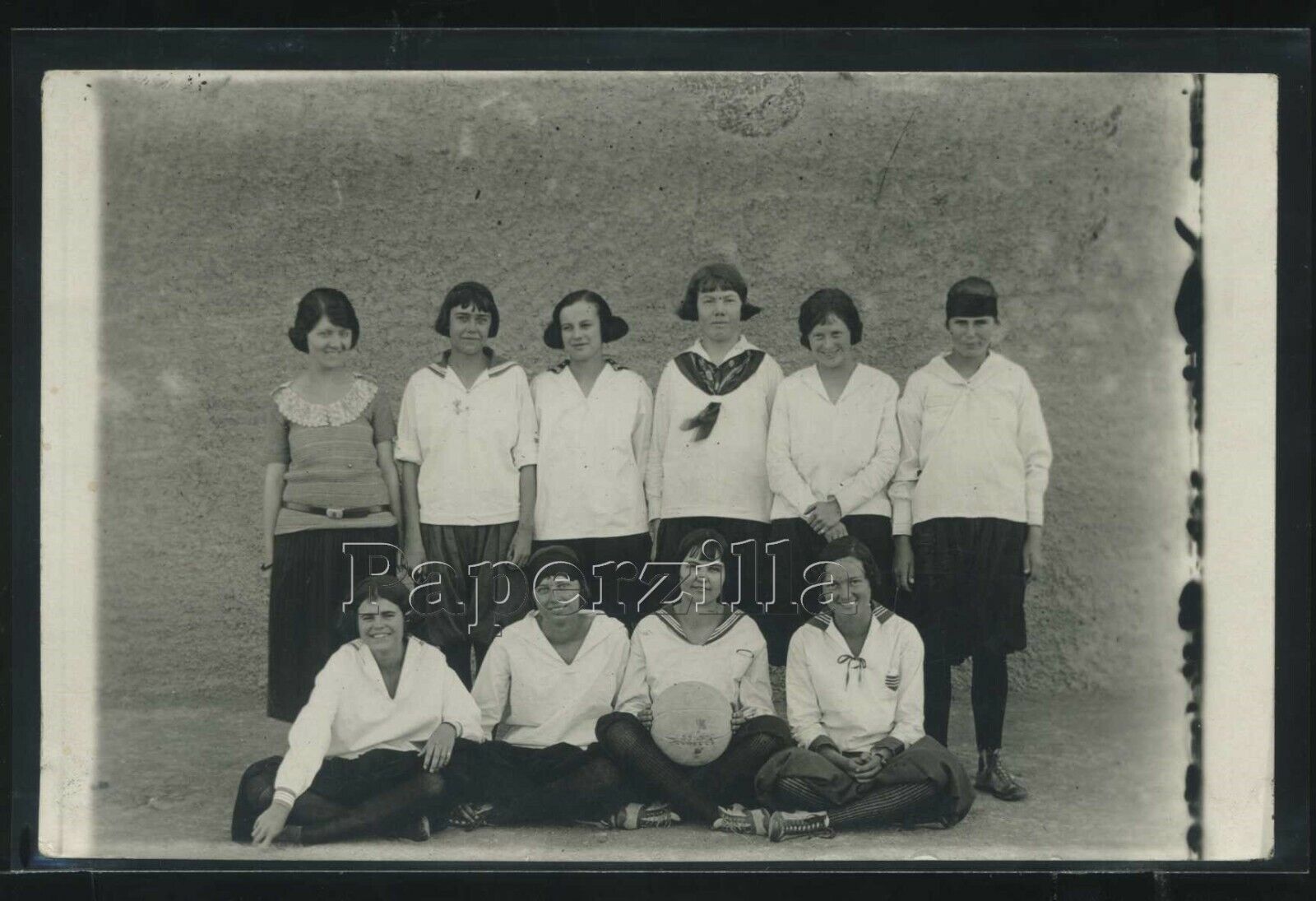RPPC c.1920 GIRLS BASKETBALL TEAM PHOTO 9 TEAM MEMBERS & FEMALE COACH