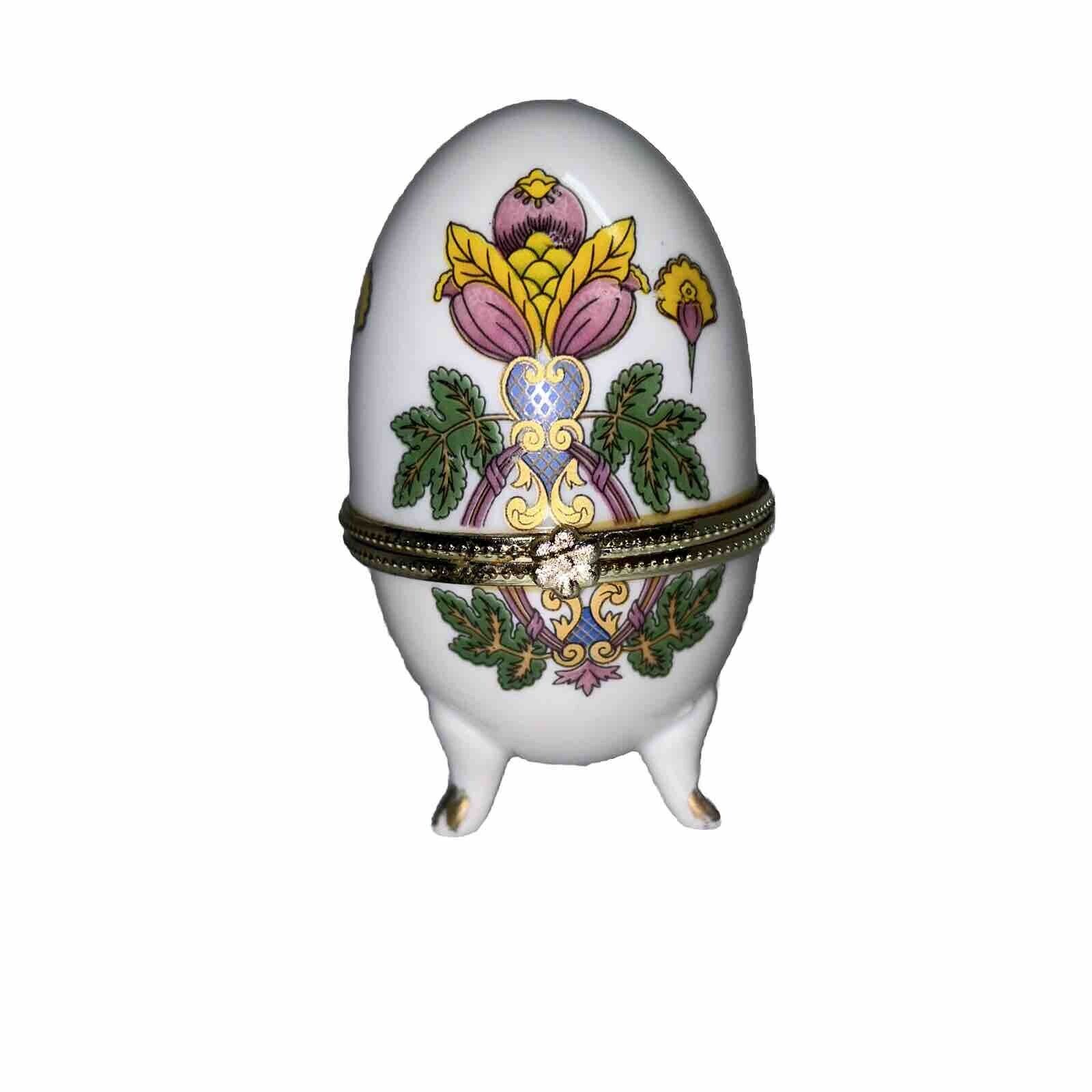 Vintage Limoges France Porcelain Egg Trinket Box Footed White Floral Print 