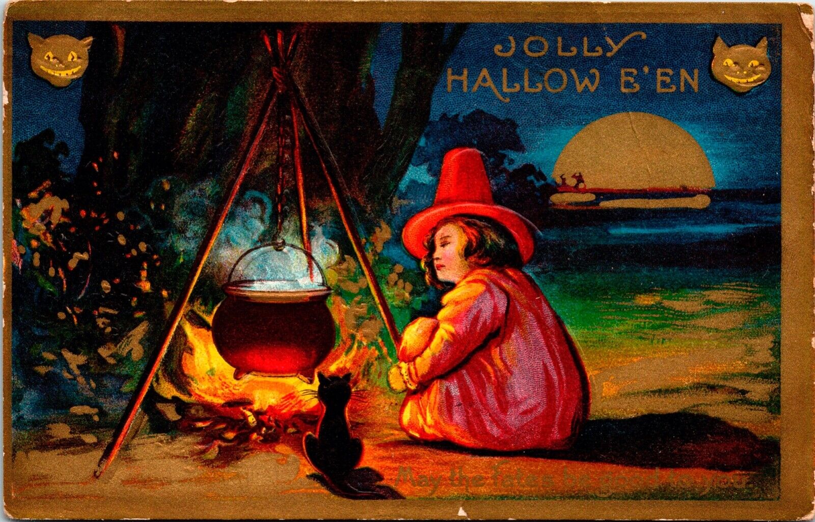 Early Vintage Cute Little Witch,Bonfire Boiling Pot,Cat, Moon Halloween Postcard