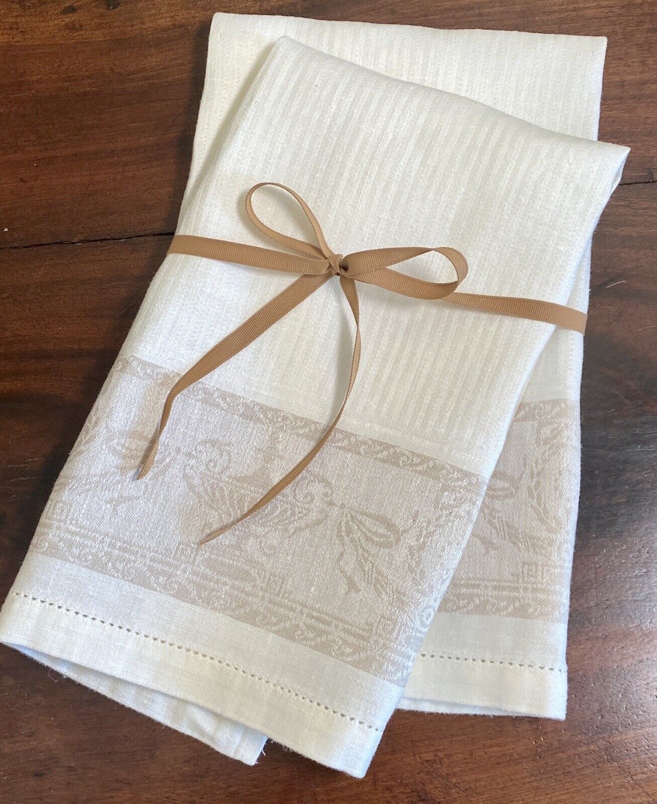 Pair Vtg Damask Guest Hand Towels Pure Linen White & Taupe Elegant Hemstitche