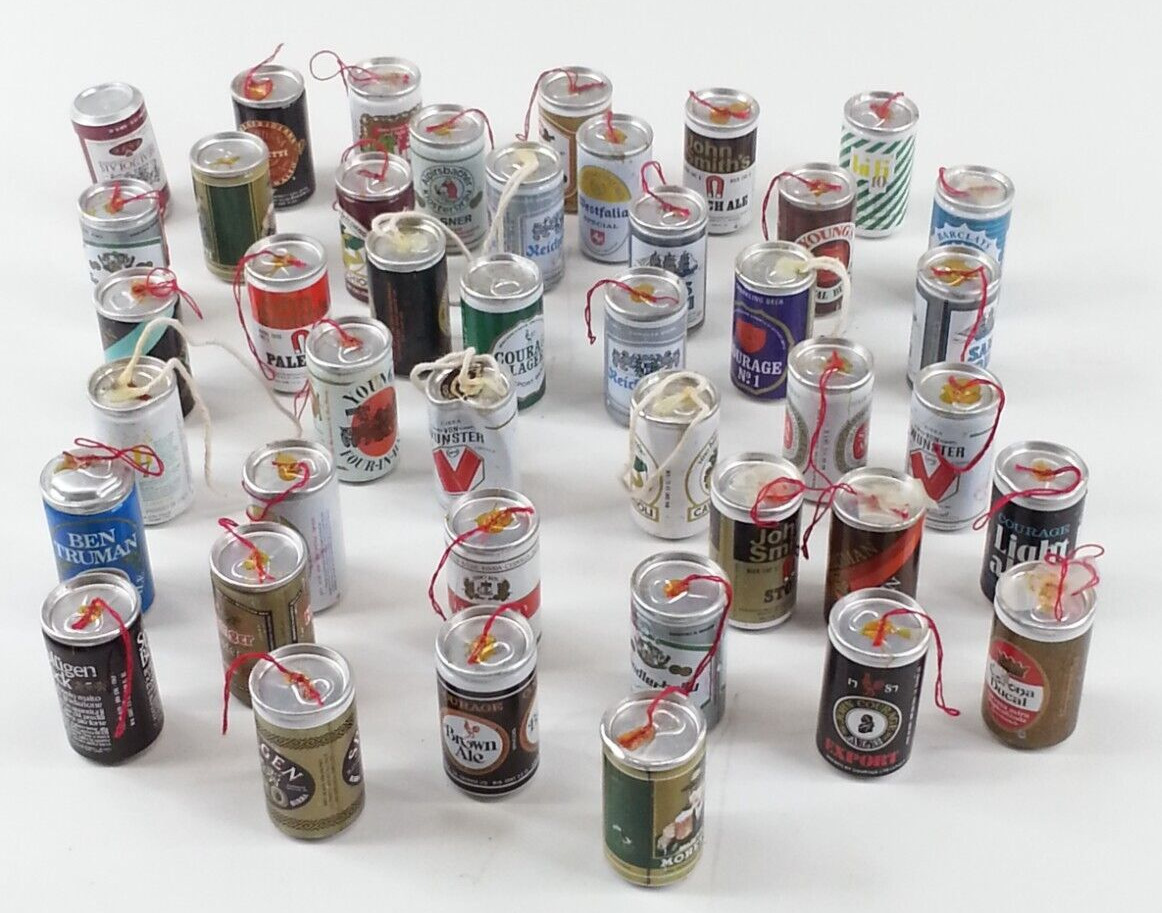 42 Vintage Miniature Beer Can Ornament Set Advertising Ad Holiday Christmas