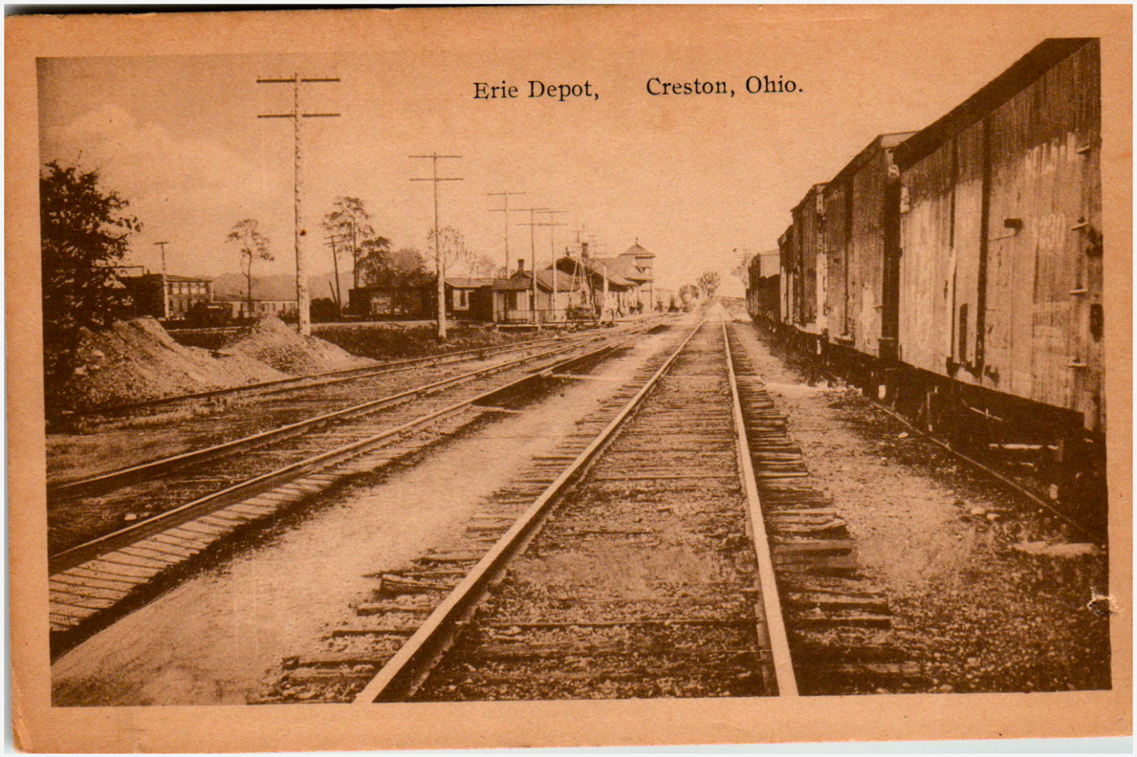 Postcard Vintage RPPC Eried Railroad Train Station Depot Creston, OH