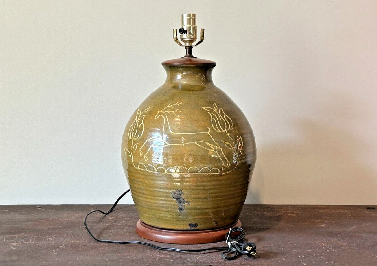 Large Vintage Turtle Creek Redware Pottery Lamp - Signed C Woods & C Gatch