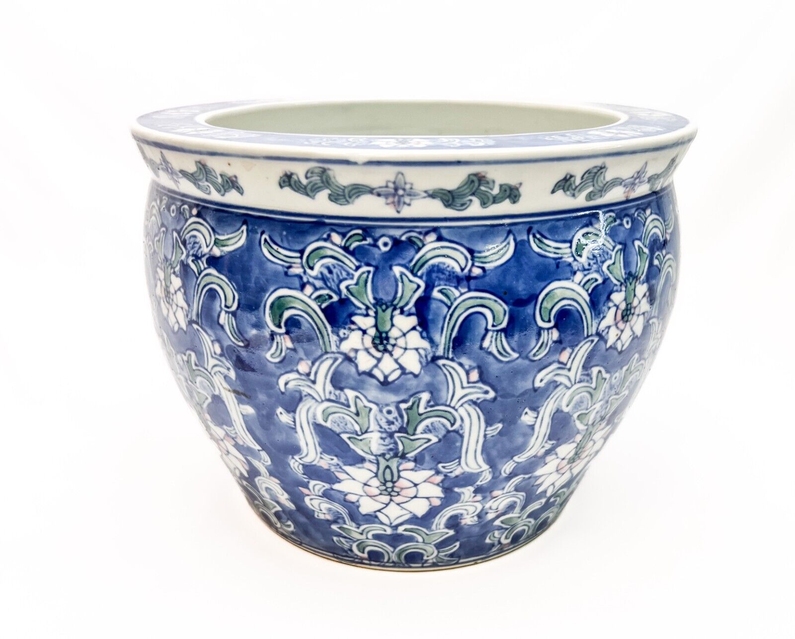 Vintage Chinese Floral Blue & White Porcelain Fishbowl Planter - 