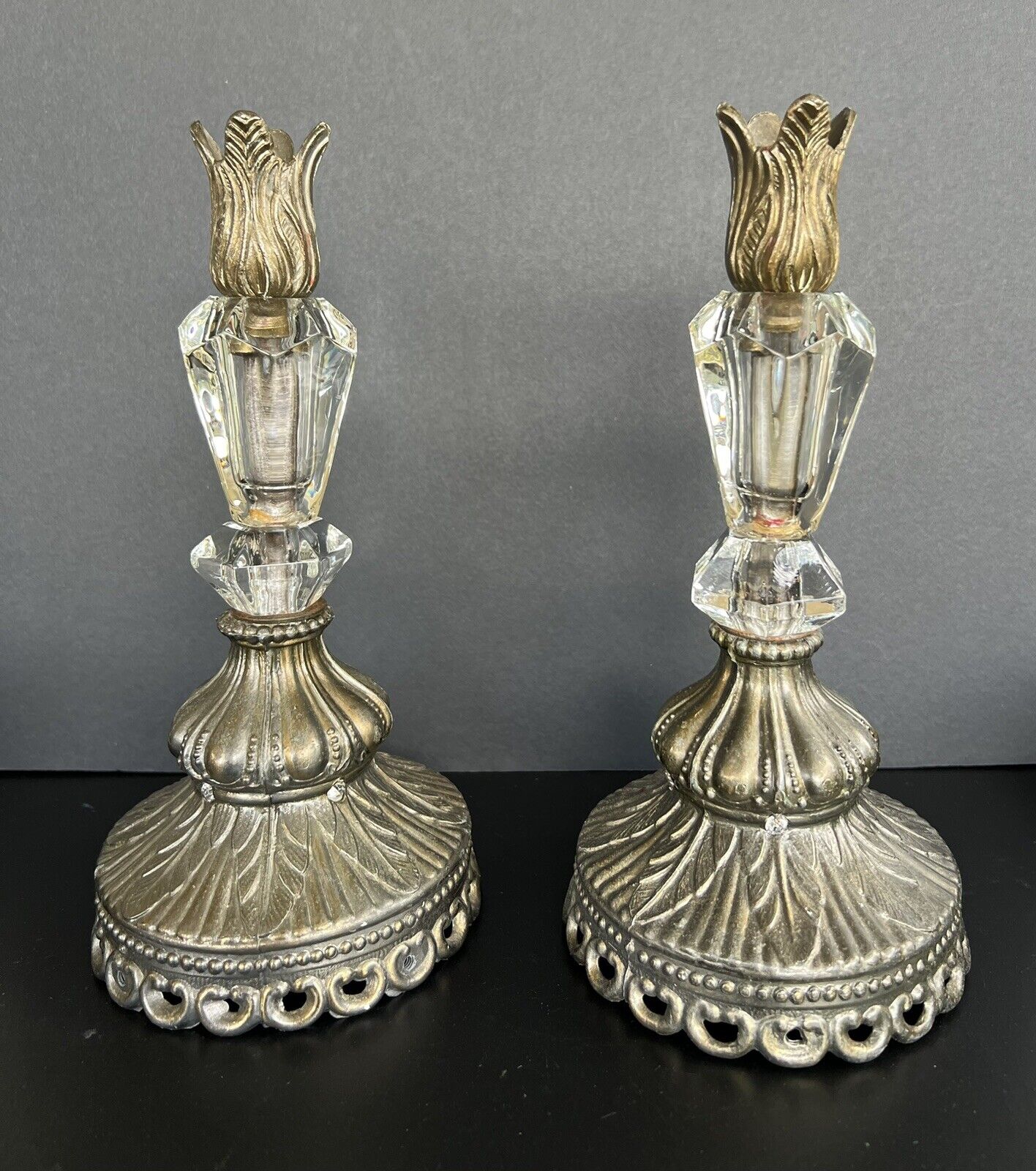 Pair Of Elegant Victorian Crystal And Ornate Metal Bronze Candle Holders