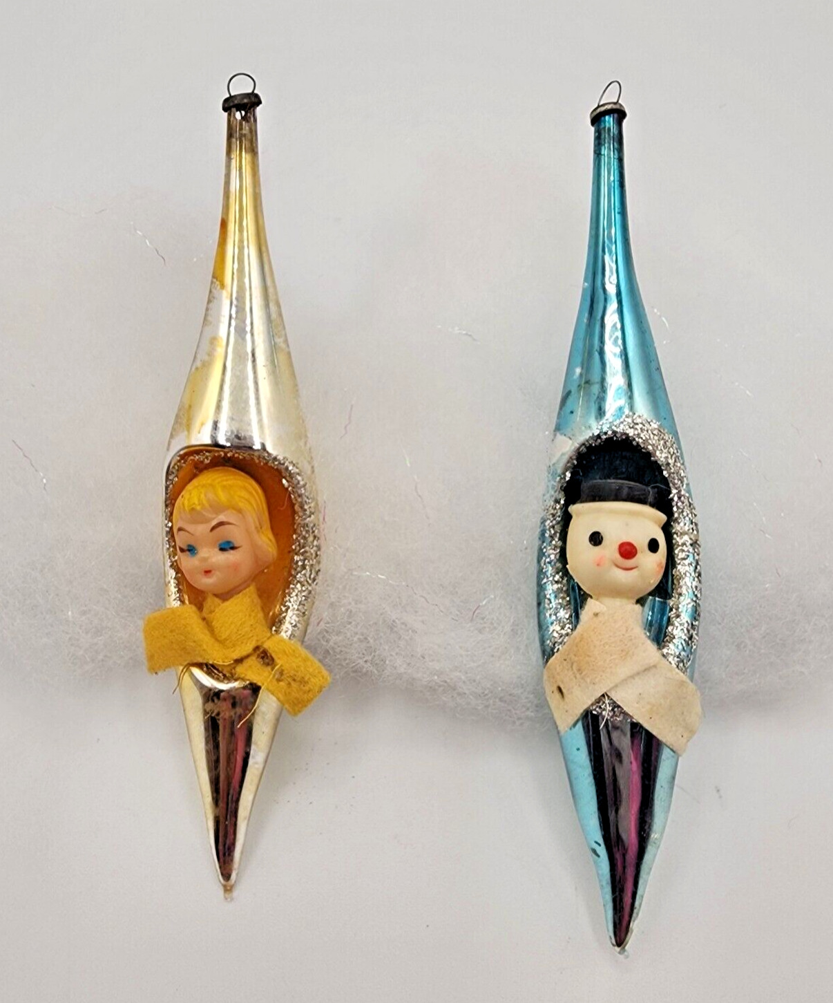 Vintage Icicle DIORAMA Mercury Glass Christmas ornaments teardrop Snowman Angel