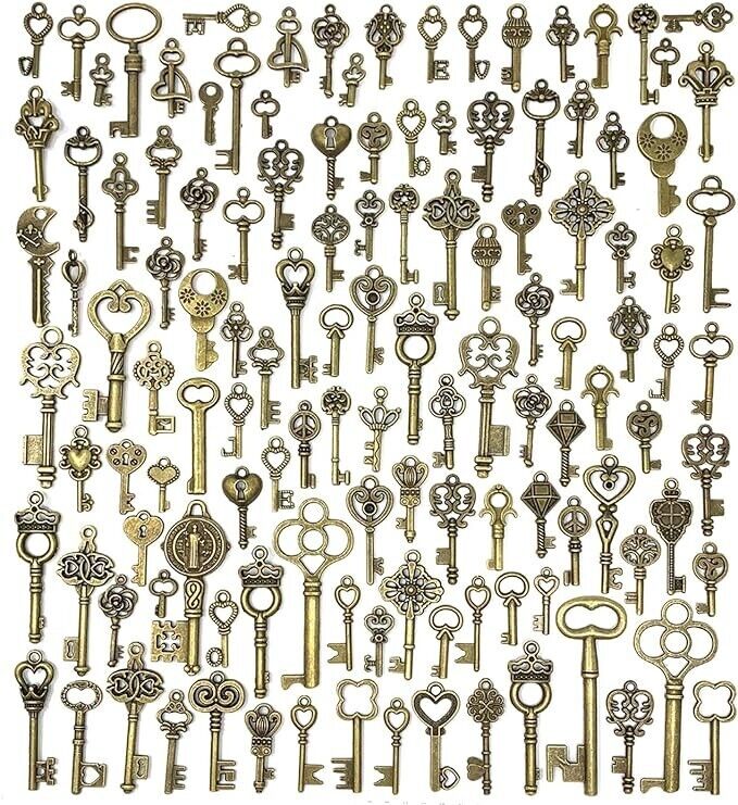 Old Vintage Antique Skeleton 125 Keys Lot Small Large Bulk Necklace Pendant NEW*