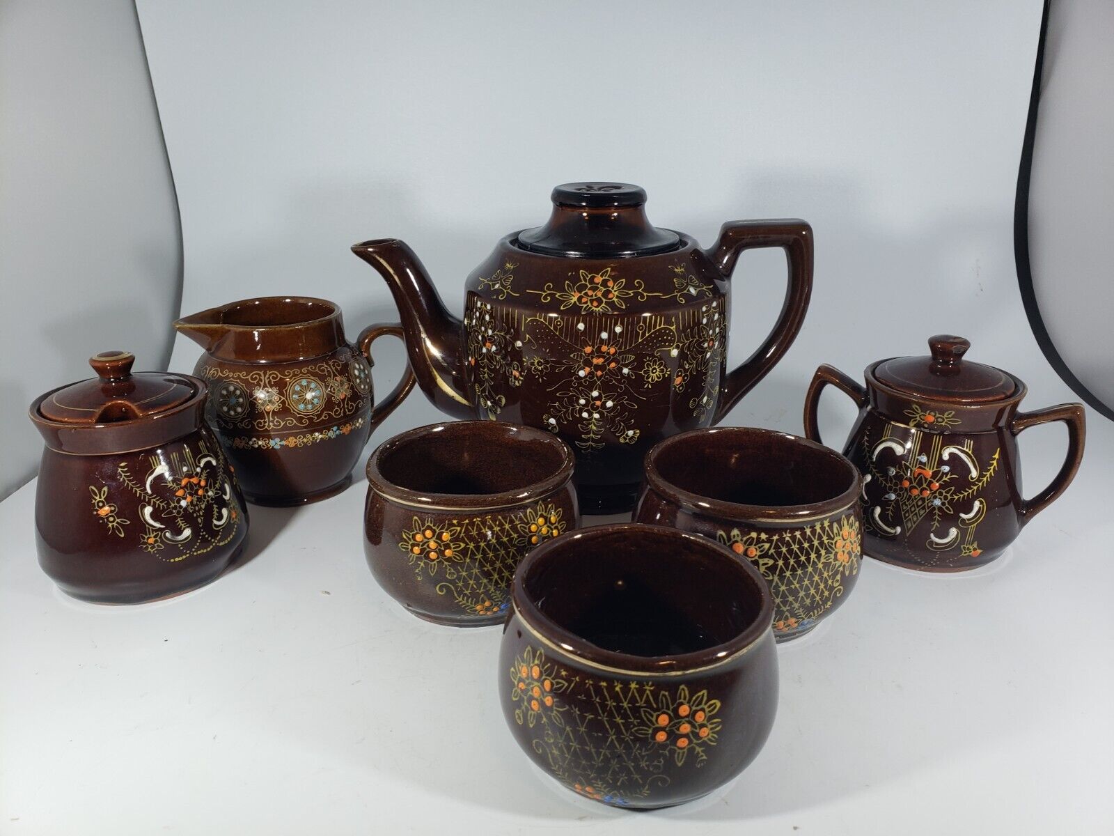 Vintage Japan Moriage Redware Brown Teapot Sugar Bowls Creamer Cups Handpainted 