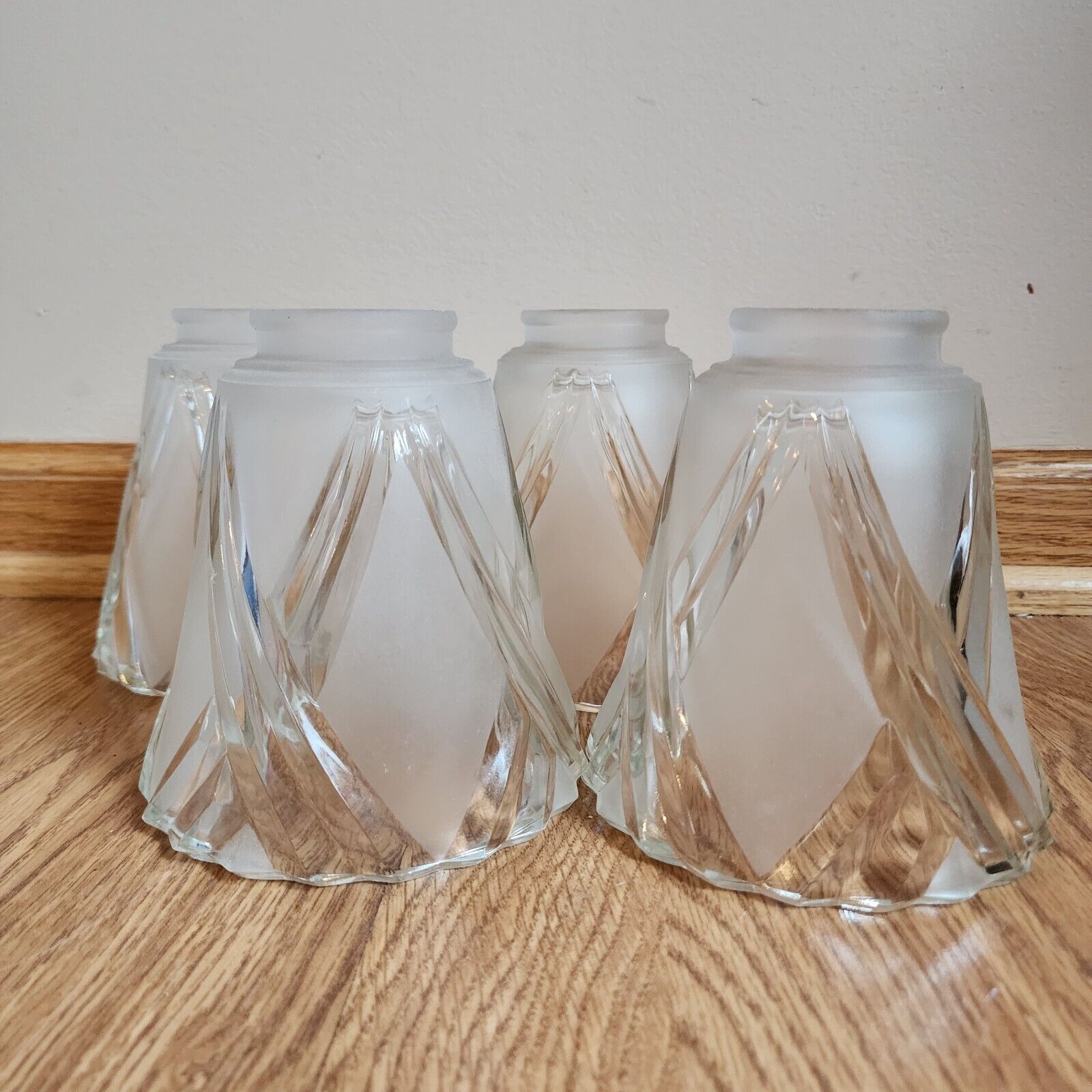 Lot of 4 Vintage Pattern Glass Etched Frosted Clear Lamp Fan Shades Ribbon Twist