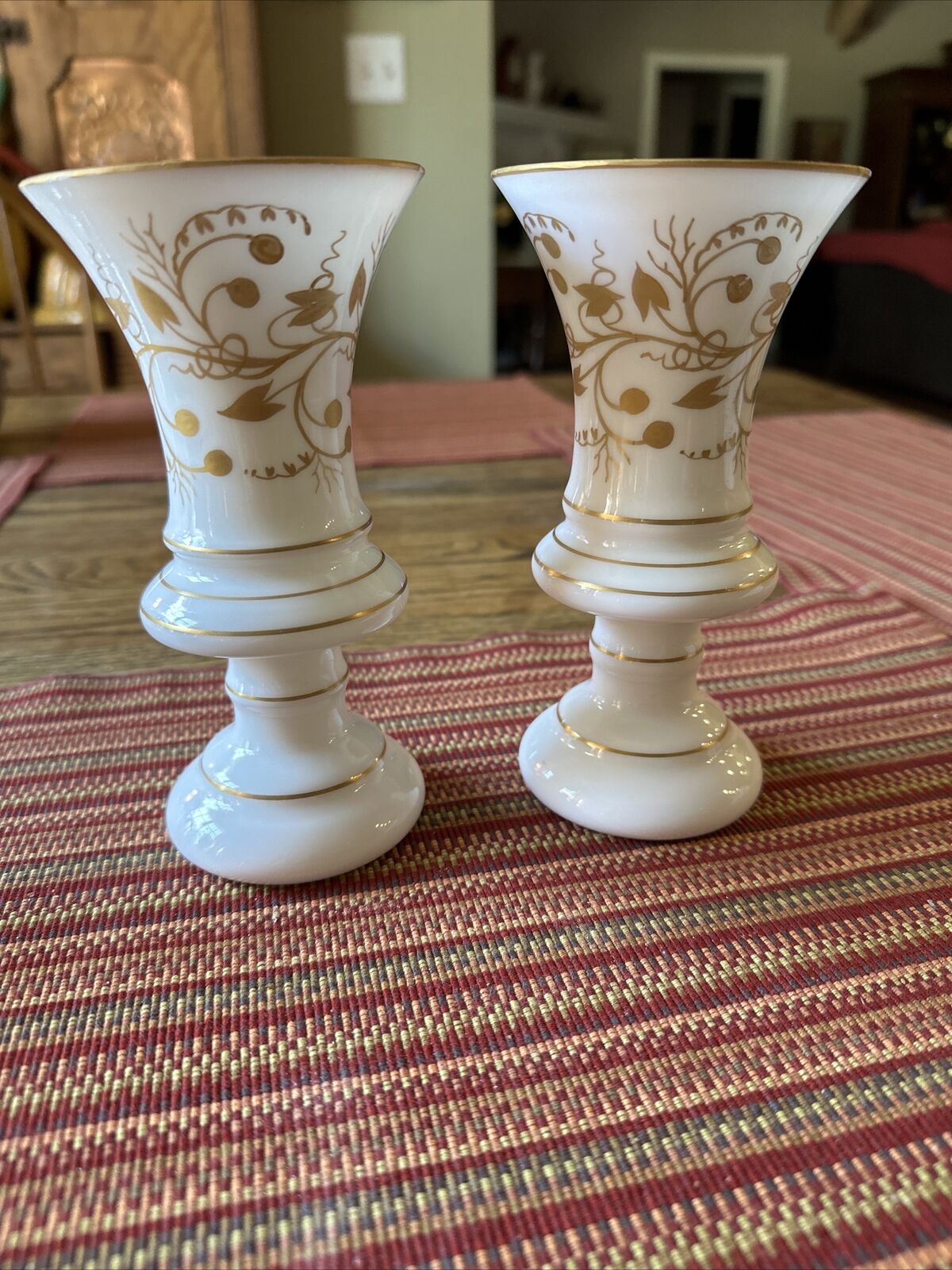Antique Pair of White Opaline Handpainted Gilt 6.5” Vases W/ Fluted Edge