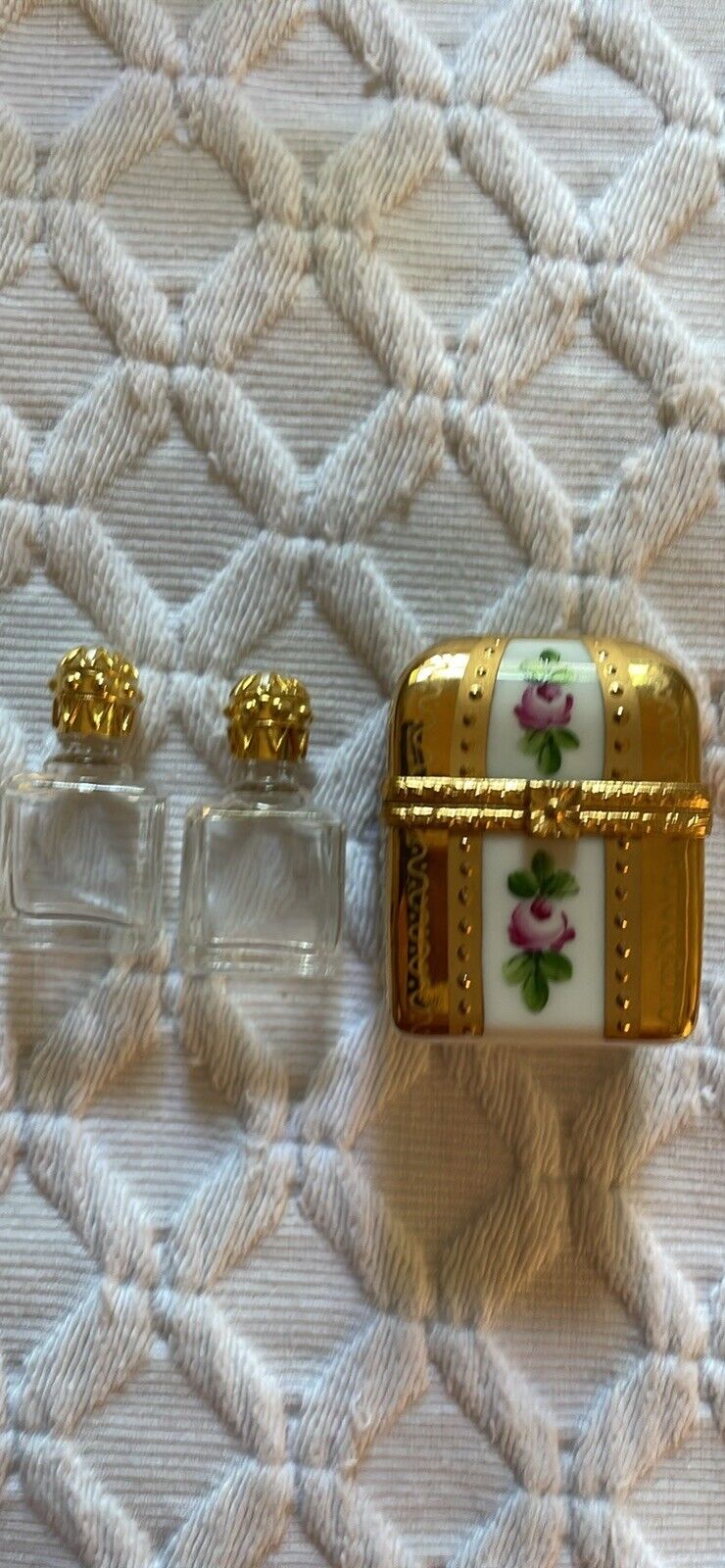 LIMOGES FRANCE Peint Main, Hinged Trinket Box With Two Perfume Bottles