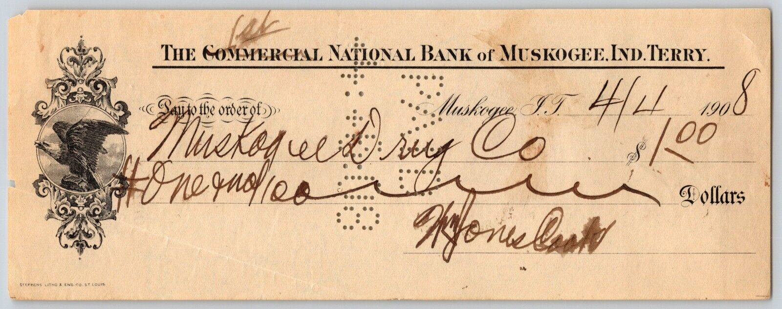Muskogee, OK 1908 Indian Territory* Commercial National Bank Check - Scarce