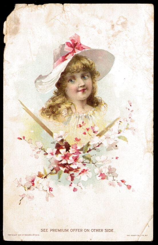 1894 LION COFFEE Victorian Trade Card - pretty girl w/ floppy hat, pink flowers