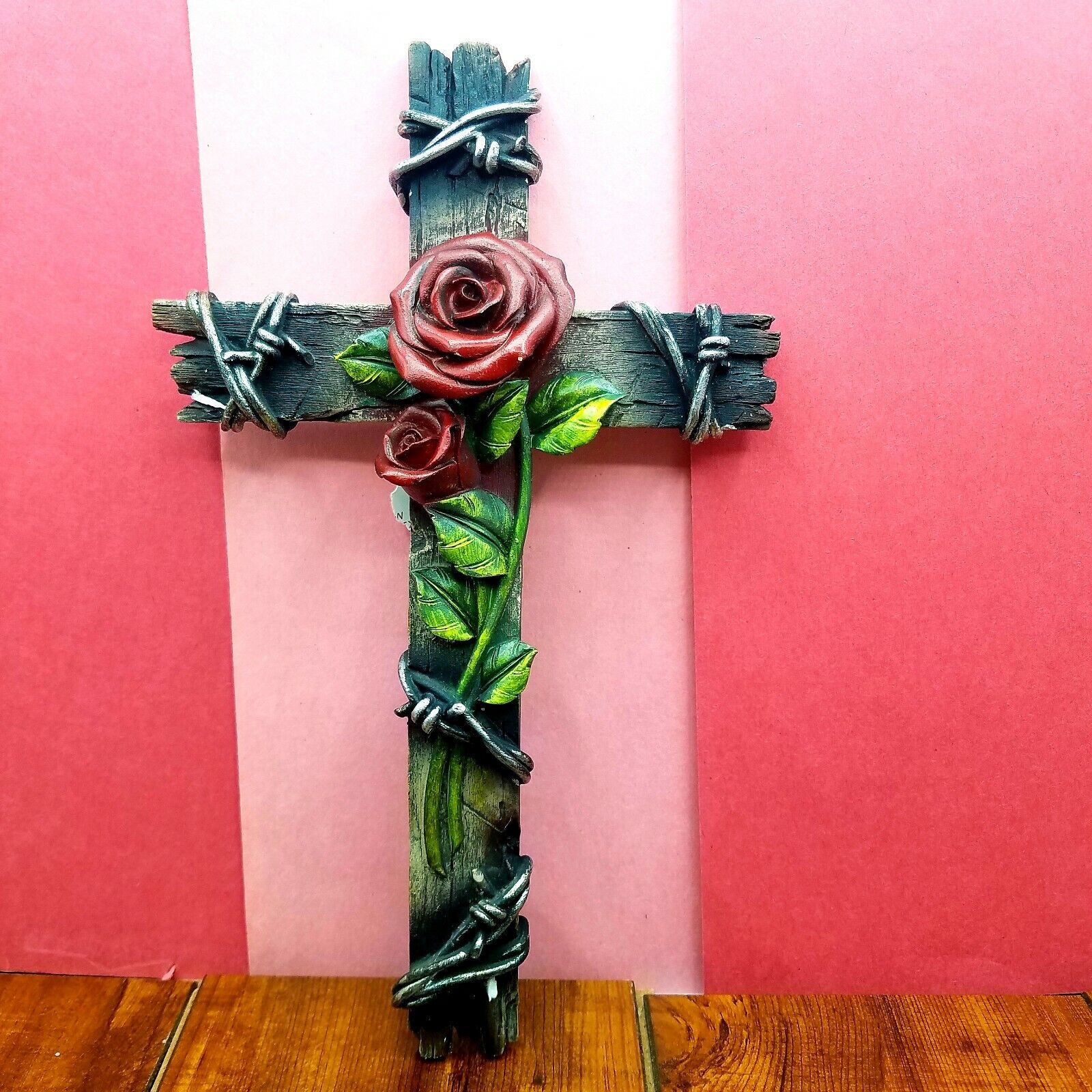 Cross with Rose Wood Look Resin 10\