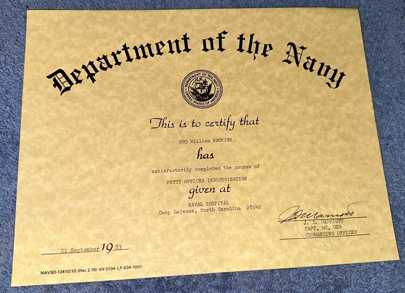 Vtg 1983 Dept Of The Navy Petty Officer Indoctrination Certificate Ephemera