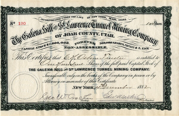 Galena Hill and St. Lawrence Tunnel Mining Co. - Mining Stocks