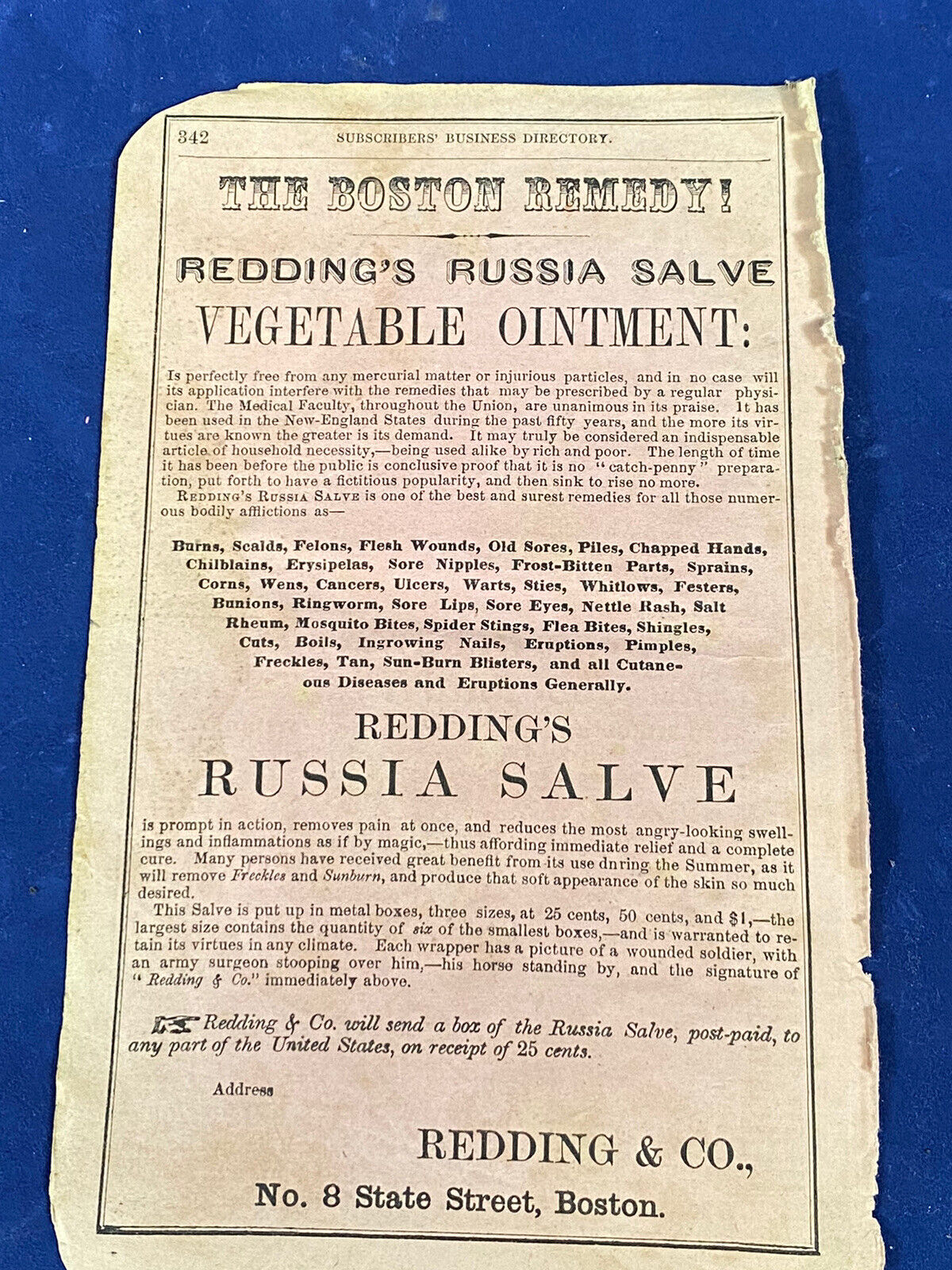 1862 Ad The Boston Remedy ~ Redding’s Russia Salve, Vegetable Oil - Quackery