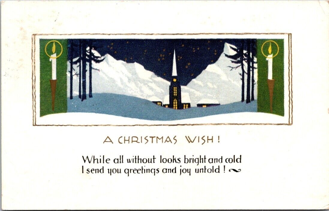Christmas Arts Crafts Church Night Scene Snow Mountains Seal c1920s postcard BQ4
