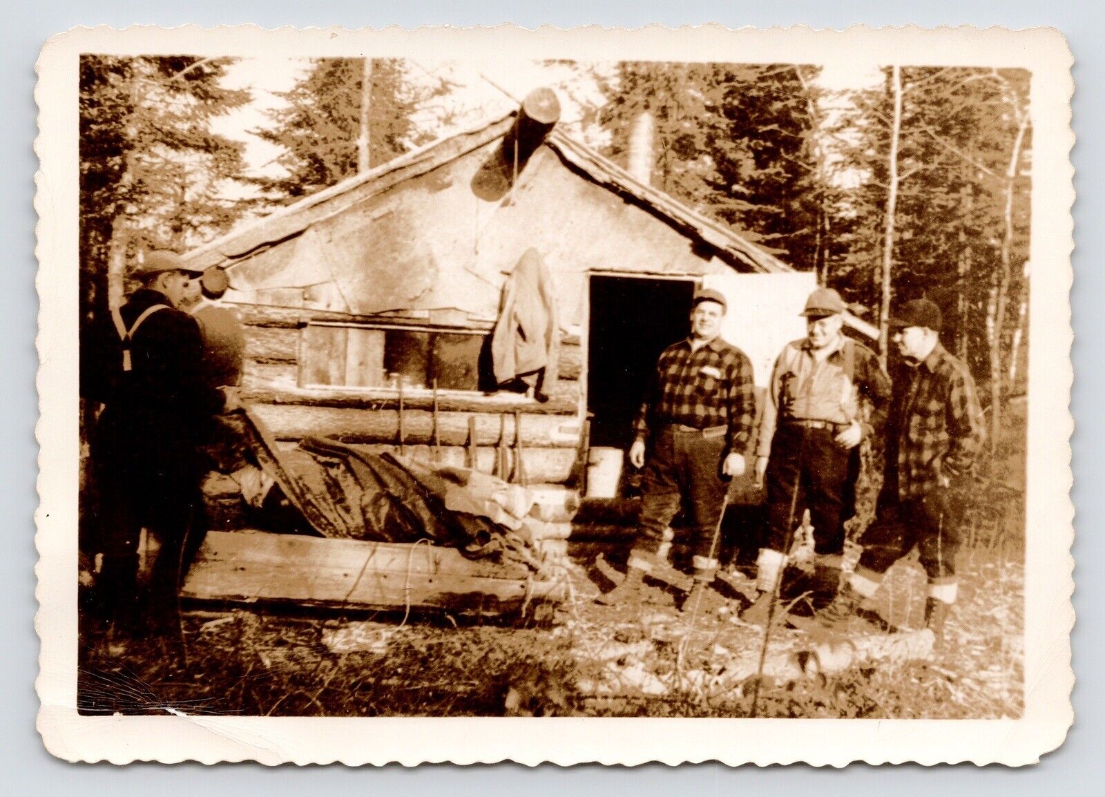 c1930s-40s Hunters~Log Cabin Hunt Camp~Rifles~Hunting Season Vintage Photo