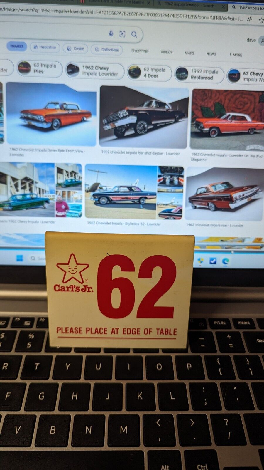 1962 Vintage Used Real Classic Carl\'s Jr Table Tent Number Impala SS Lowrider 62