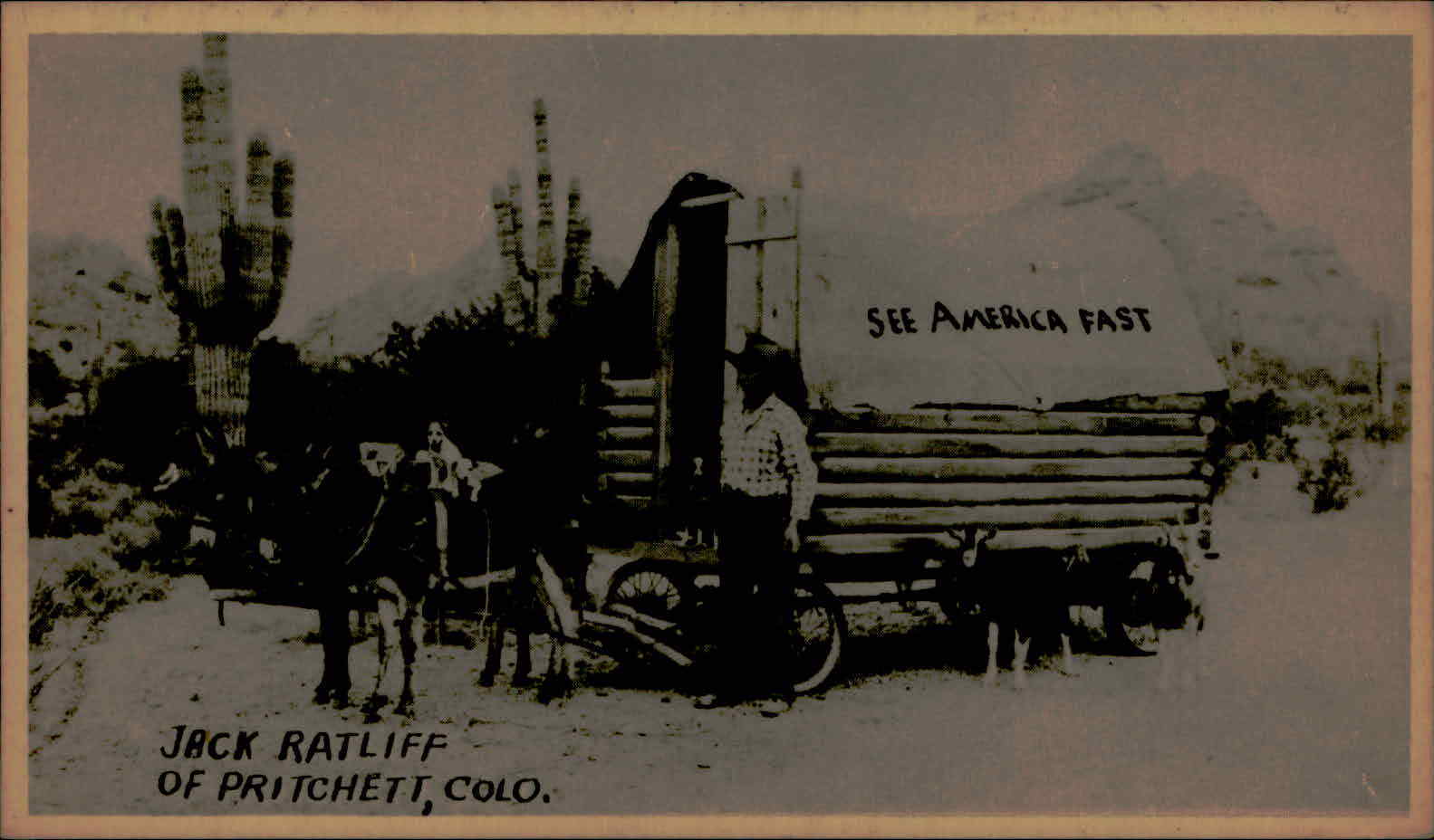 Postcard: JACK RATLIFF OF PRITCHETT, COLO. SEE AMERICA FAST