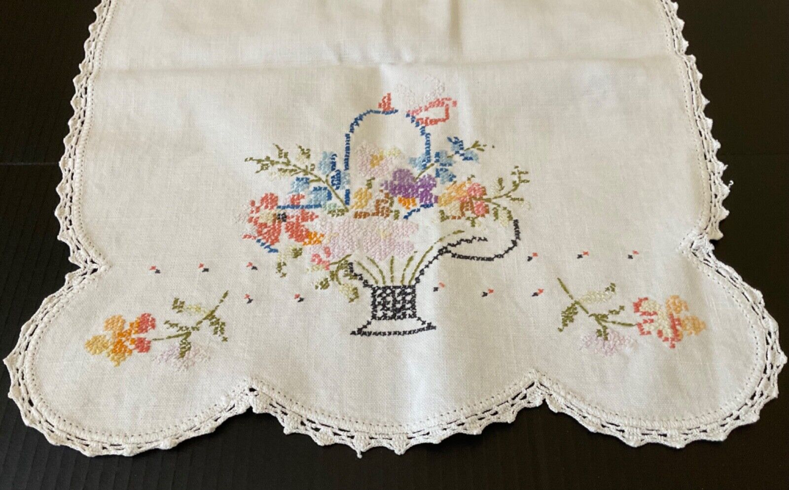 Estate sale find. Crossed Stitched Floral Basket w/ embroidered scallop border