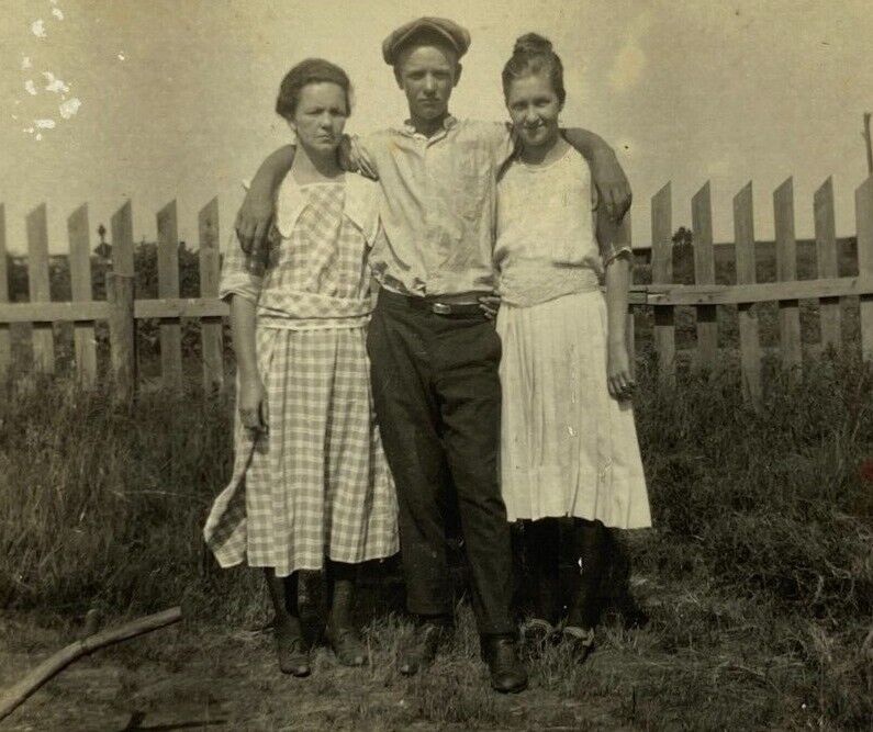 Young Man Standing With Arms Around Two Women B&W Photograph 2.75 x 4.25