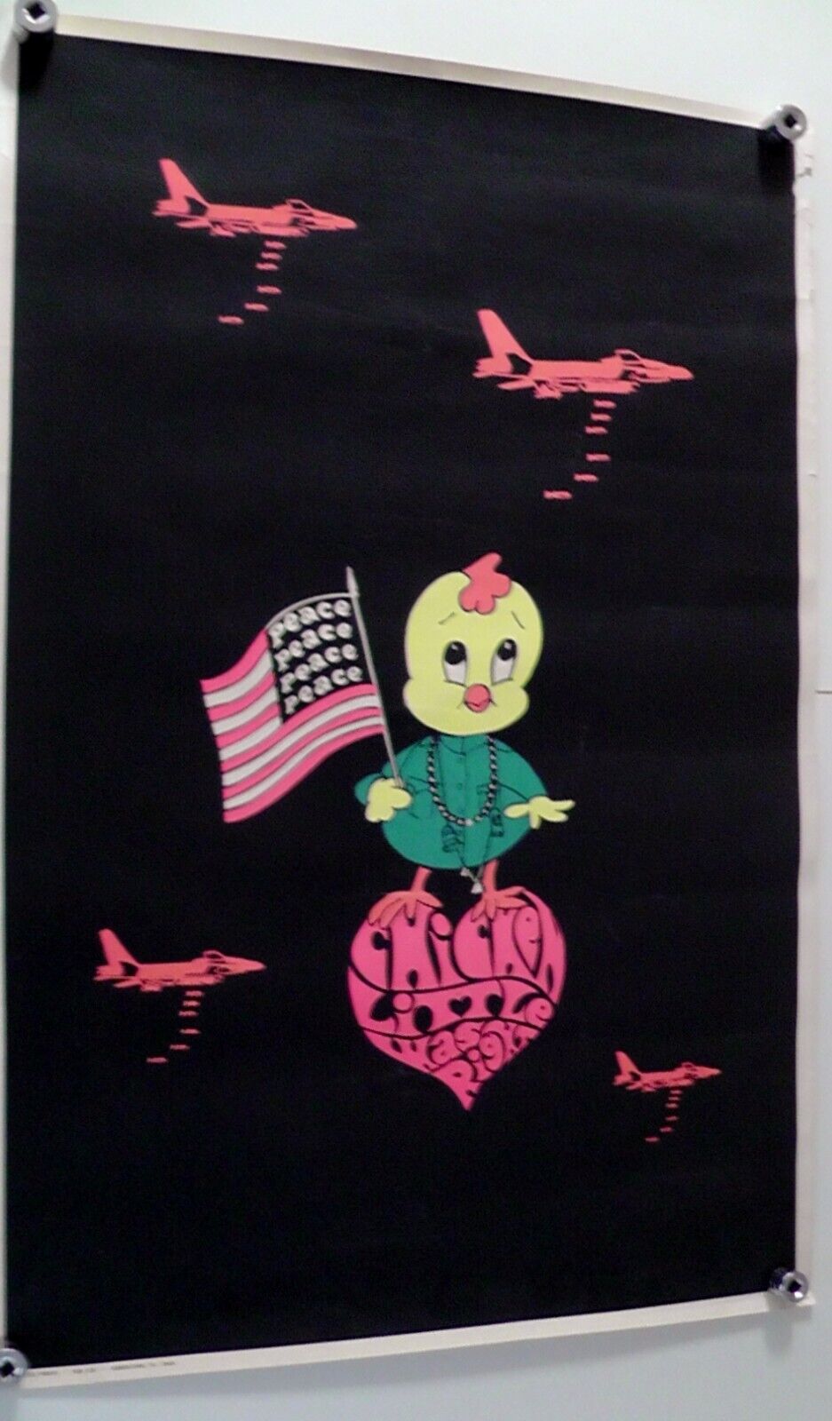 RARE 1966 Vietnam Protest Black Light Poster Chicken Little Was Right 38\