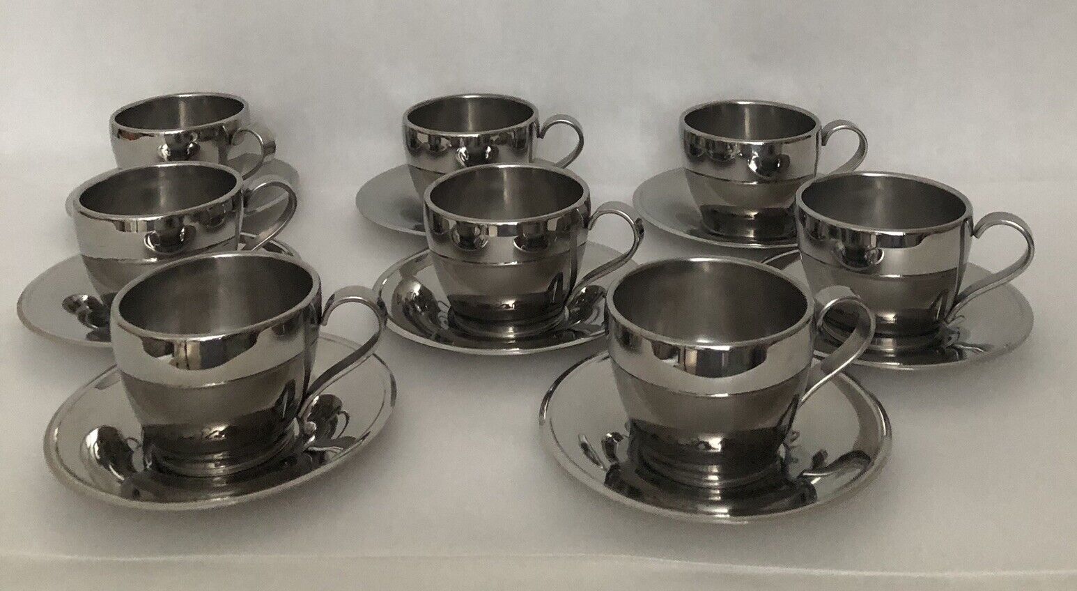 8 Meber 18/10 Stainless Double Wall Espresso Coffee Cup & Saucer Italy Vintage