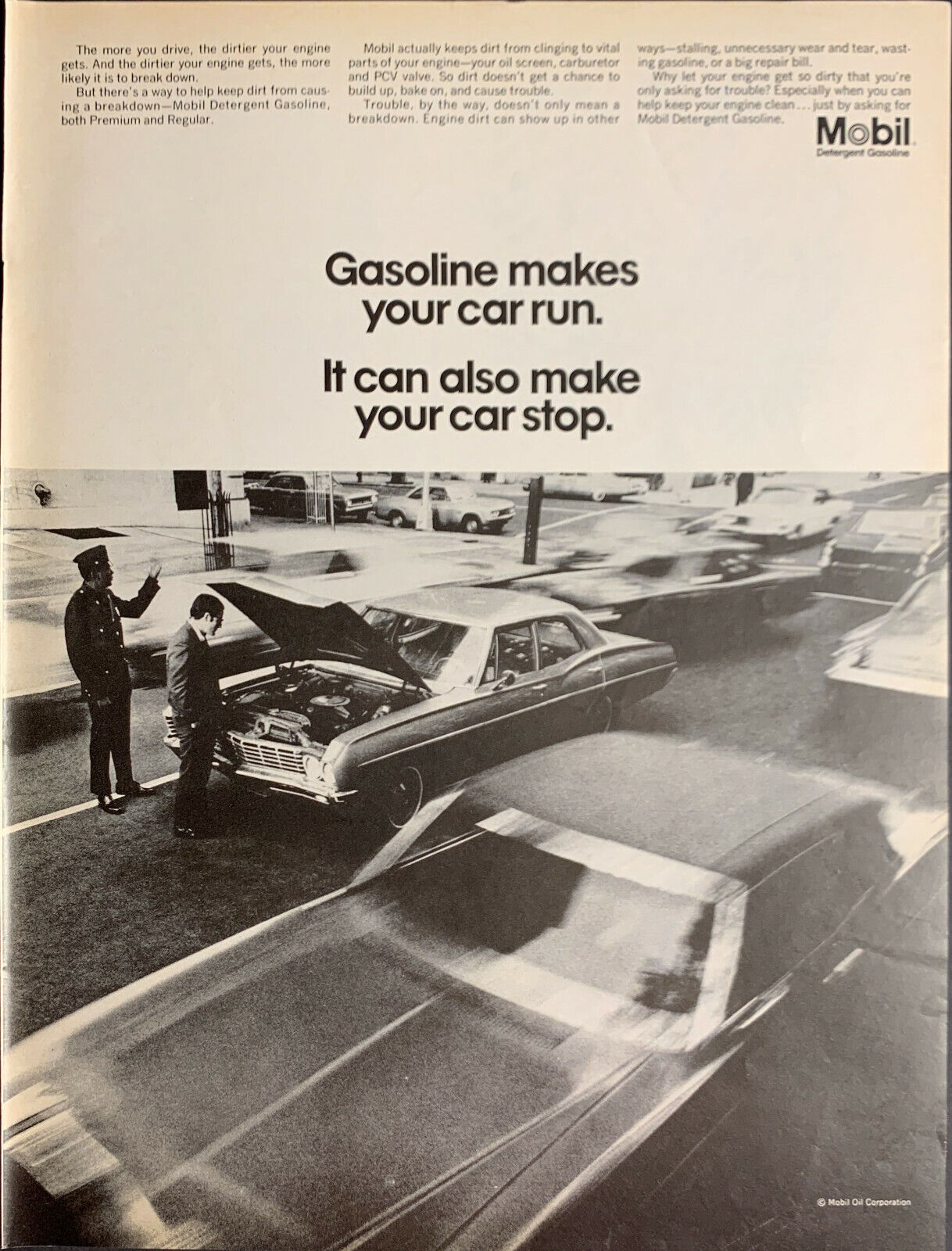 Vintage 1968 Mobil Gasoline Makes Your Car Run Man With Hood Up Advertisement