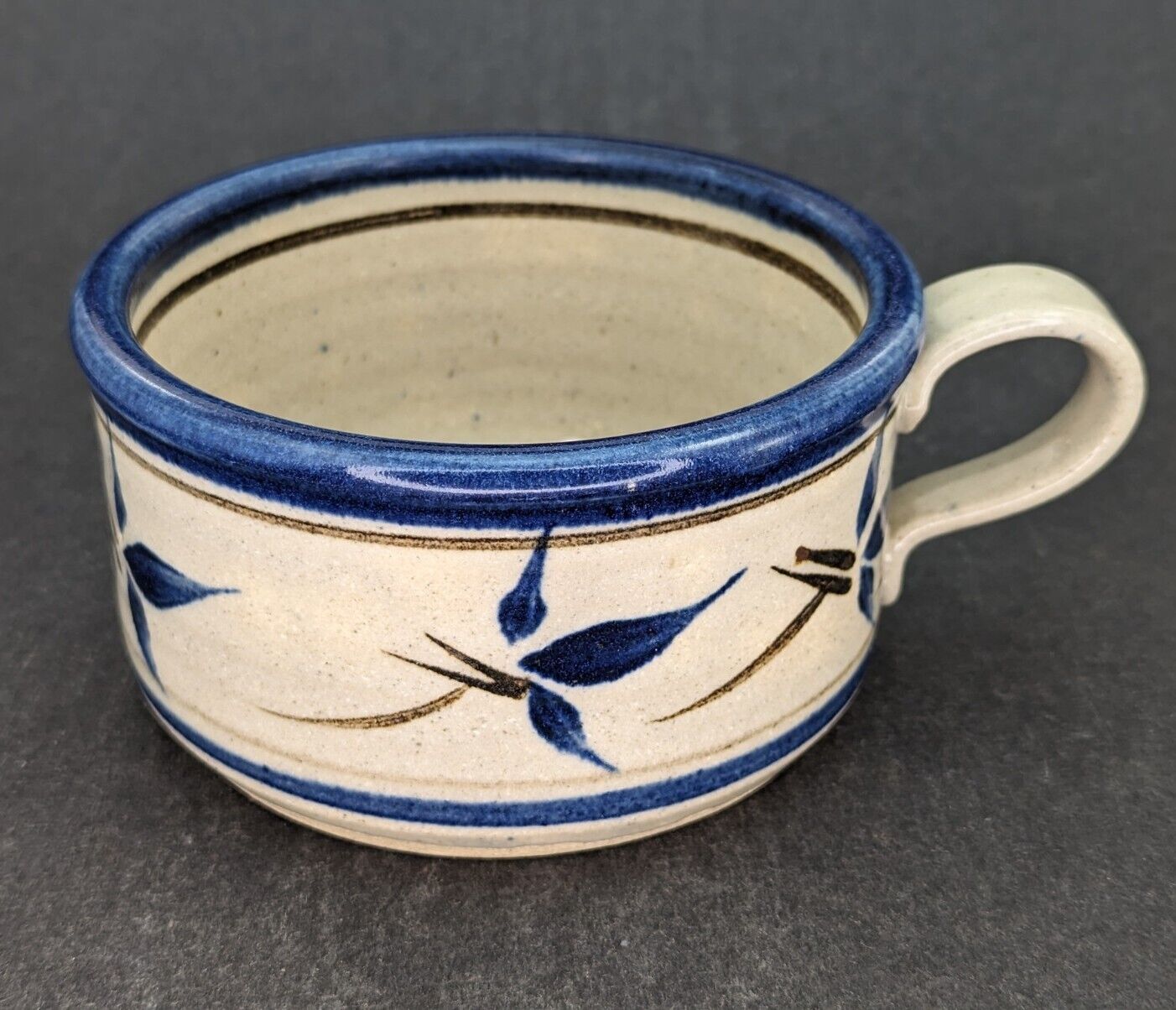 Vintage 1990 Frye Signed Pottery Cobalt Blue Flower Soup Mug Coffee