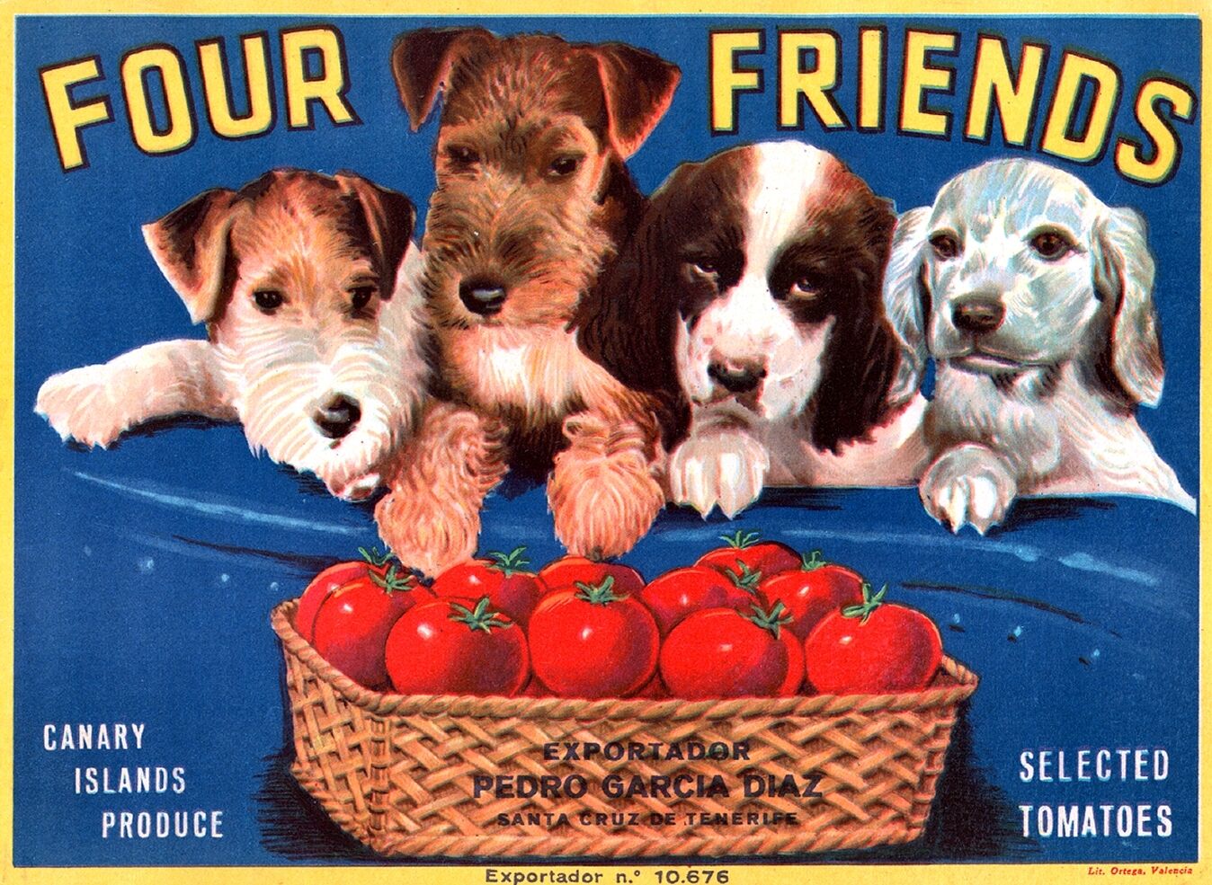 Four Friends Puppy Dogs Tomato Fruit Crate Label Art Print Canary Islands 