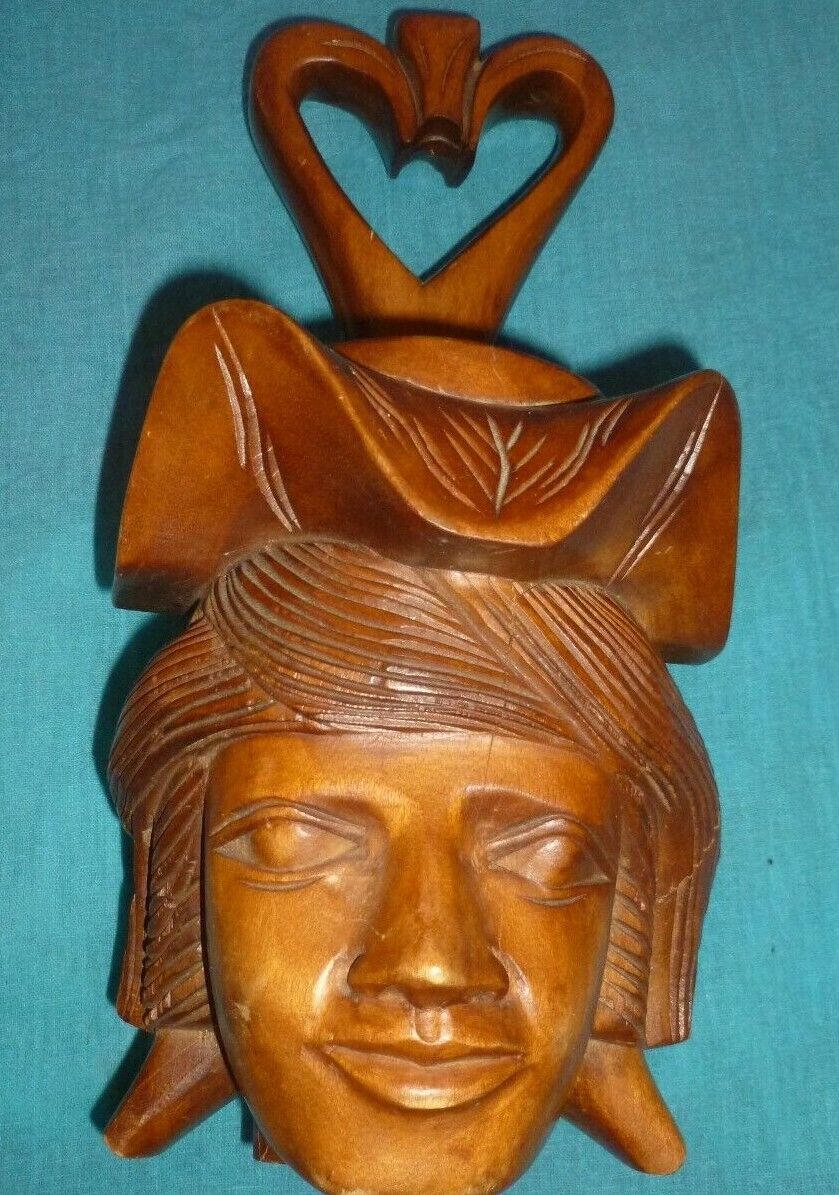 Vintage Hand-Carved Wood Face Head Vase 12\