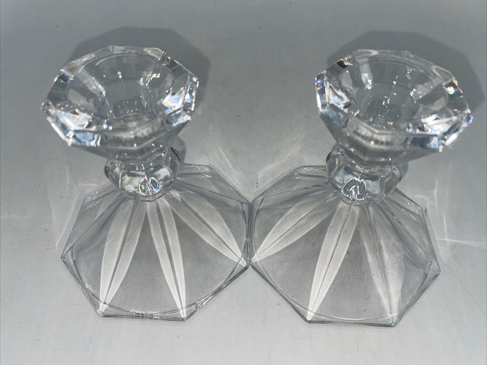 Vtg Gorgeous Crystal Candlestick Holder 4” Tall-Octagonal Cut-Set of 2-Hefty