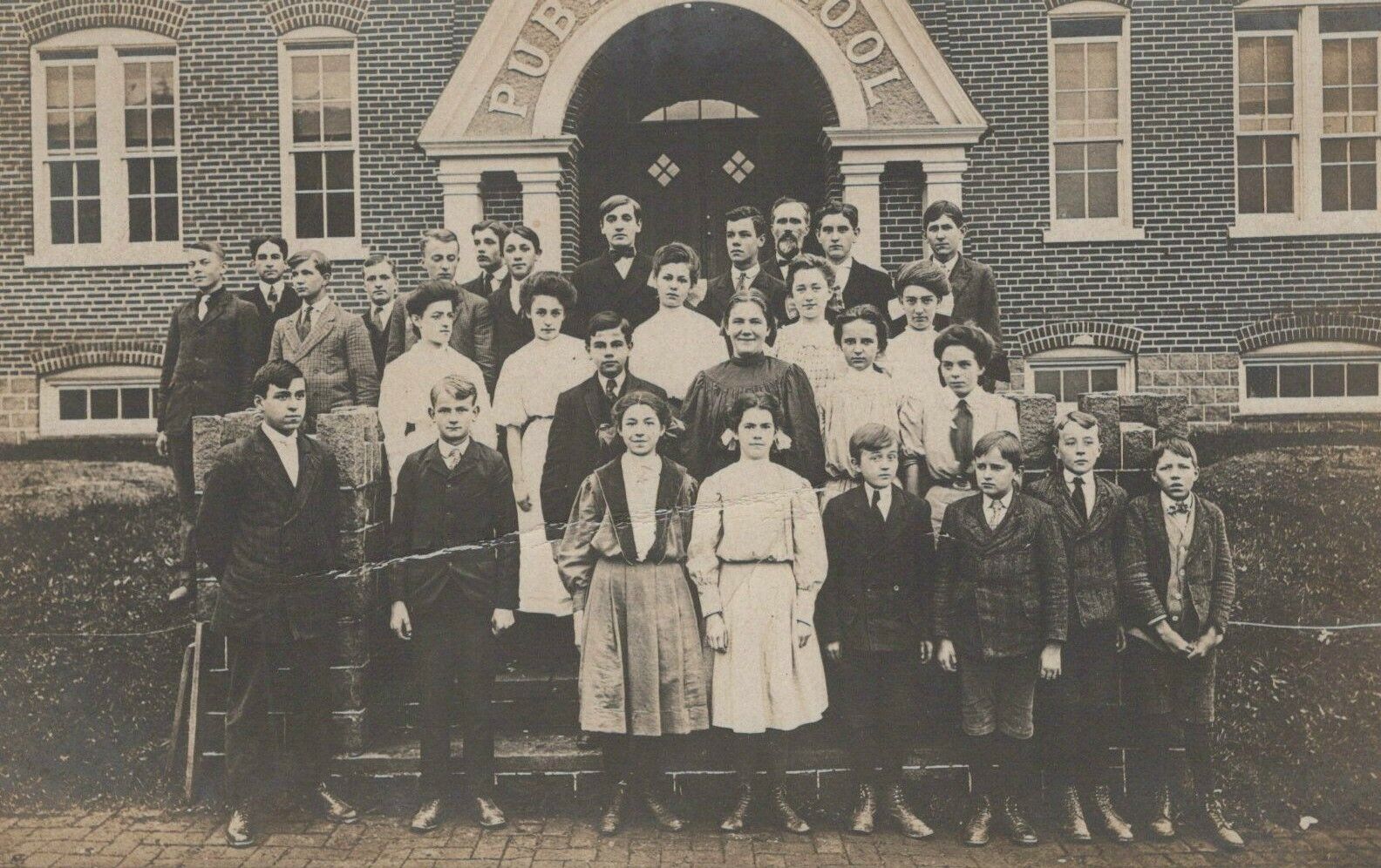 Public School Class Posed In Front Of School Vintage Real Photo RPPC Post Card