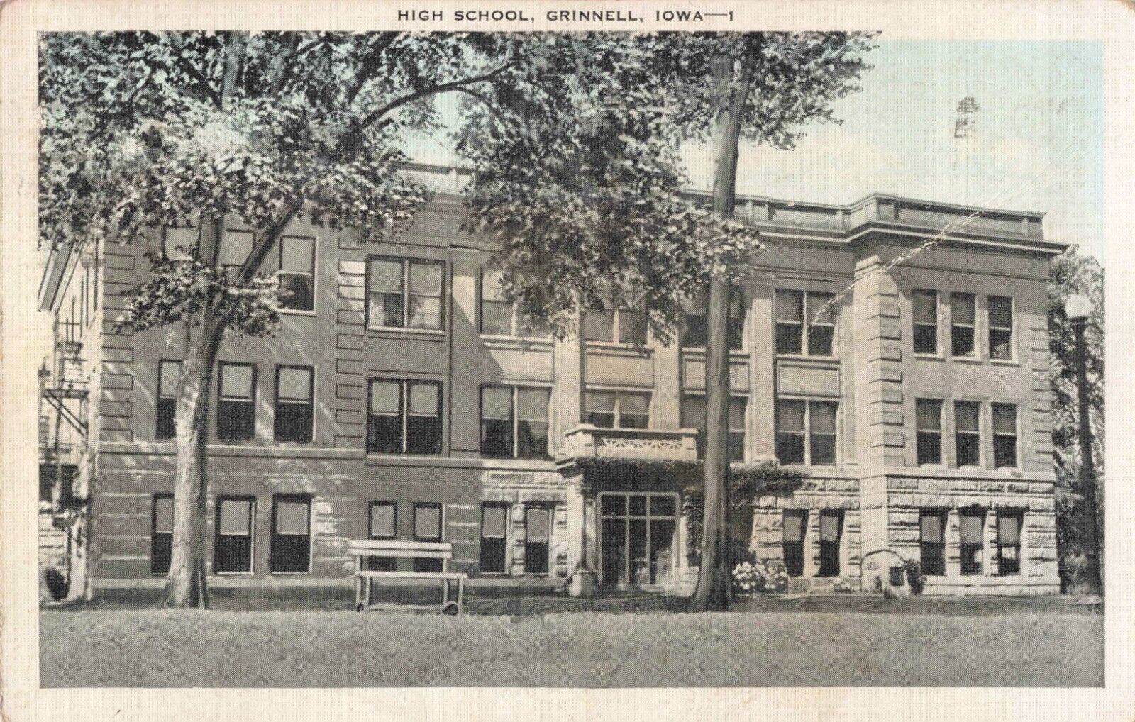 High School Building Grinnell Iowa IA Linen 1937 Postcard