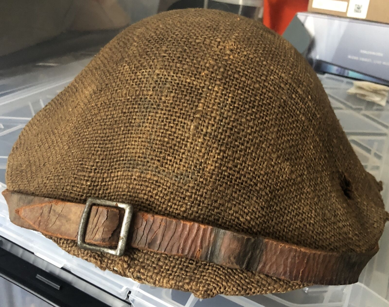 WWI British Helmet With Burlap Cover. Original