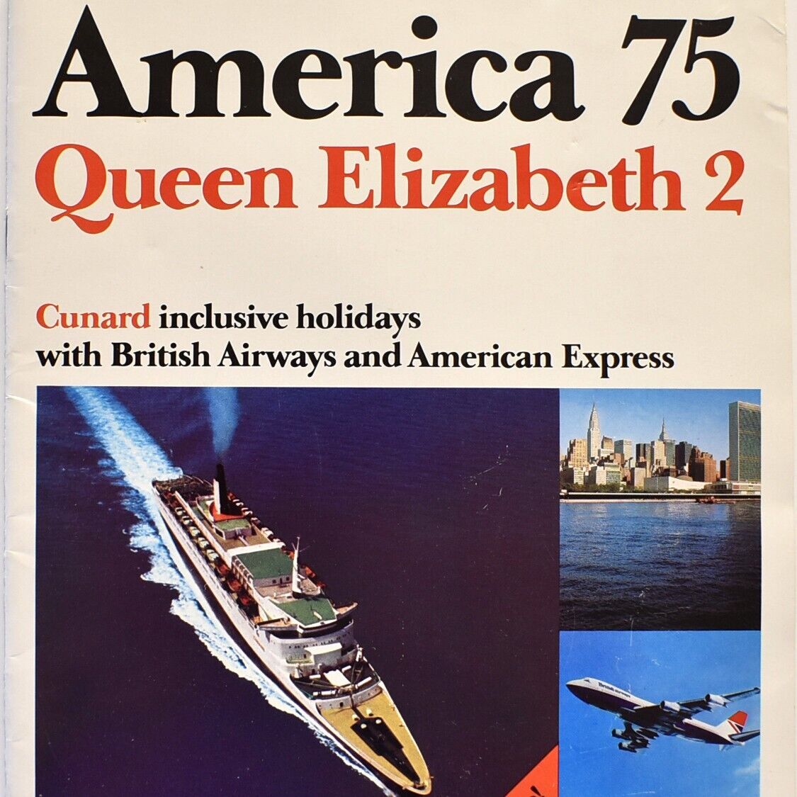 1975 RMS Queen Elizabeth 2 Brochure Cunard British Airways American Express