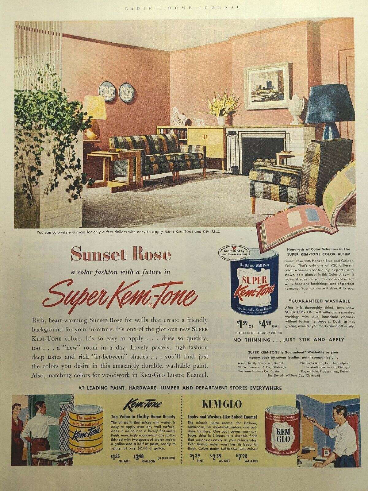 Super Kem-Tone Kem-Glo MCM Pastel Colors Wall Paint Enamel Vintage Print Ad 1952